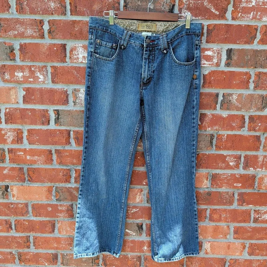 Plugg Jeans Mens 32x30 Blue Straight Leg Paisley Waistband Y2K Grunge Skater