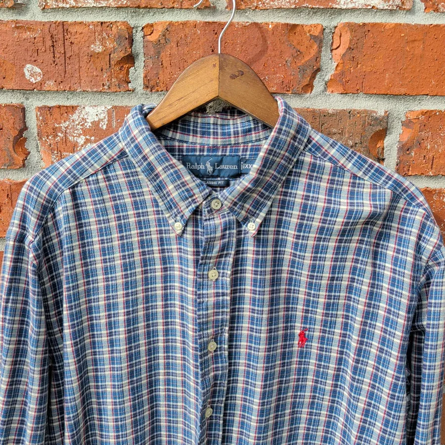Ralph Lauren Classic Fit Plaid Shirt Mens XXL Blue Long Sleeve Button Down