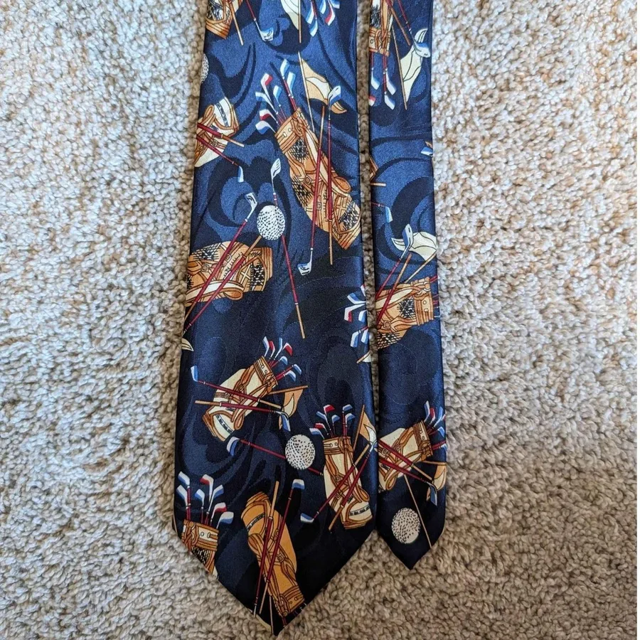 Fratello Necktie Mens OS Navy Blue Golf Bag Clubs Balls Novelty Print Hand Made