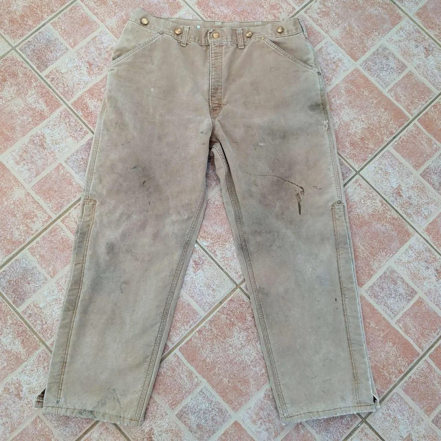 Y2K Carhartt Double Knee Pants Mens 34x27 Tan Quilted Lined Super Distressed