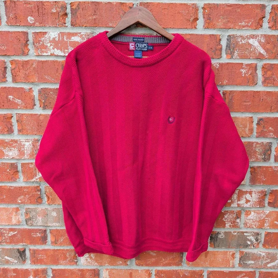 VTG Chaps Ralph Lauren Men's Knit Crew Neck Sweater Large Red Hand Framed