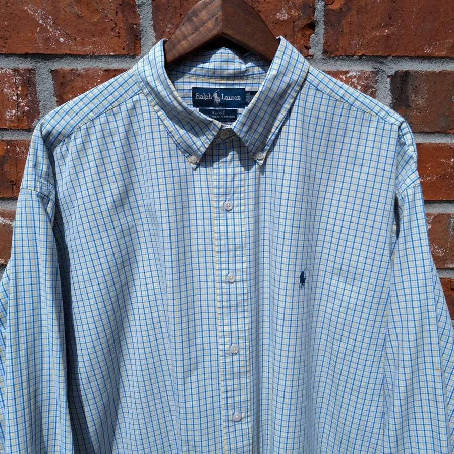 Ralph Lauren Blake Shirt Mens XXL Blue Yellow Check Two Ply Cotton Long Sleeve