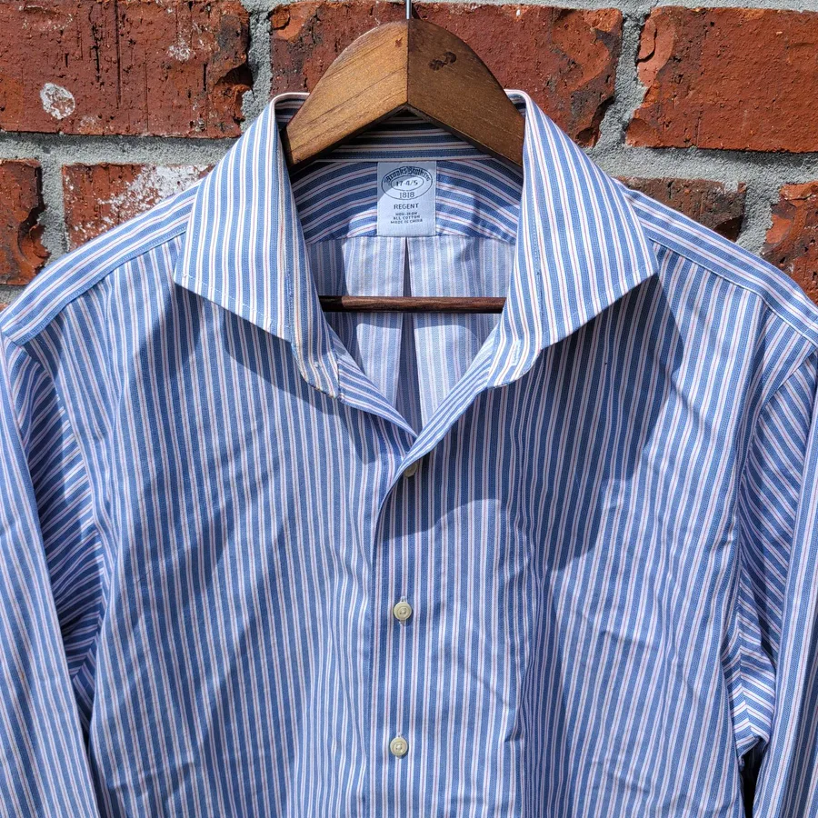 Brooks Brothers Regent Dress Shirt Mens 17 Blue White Striped Long Sleeve