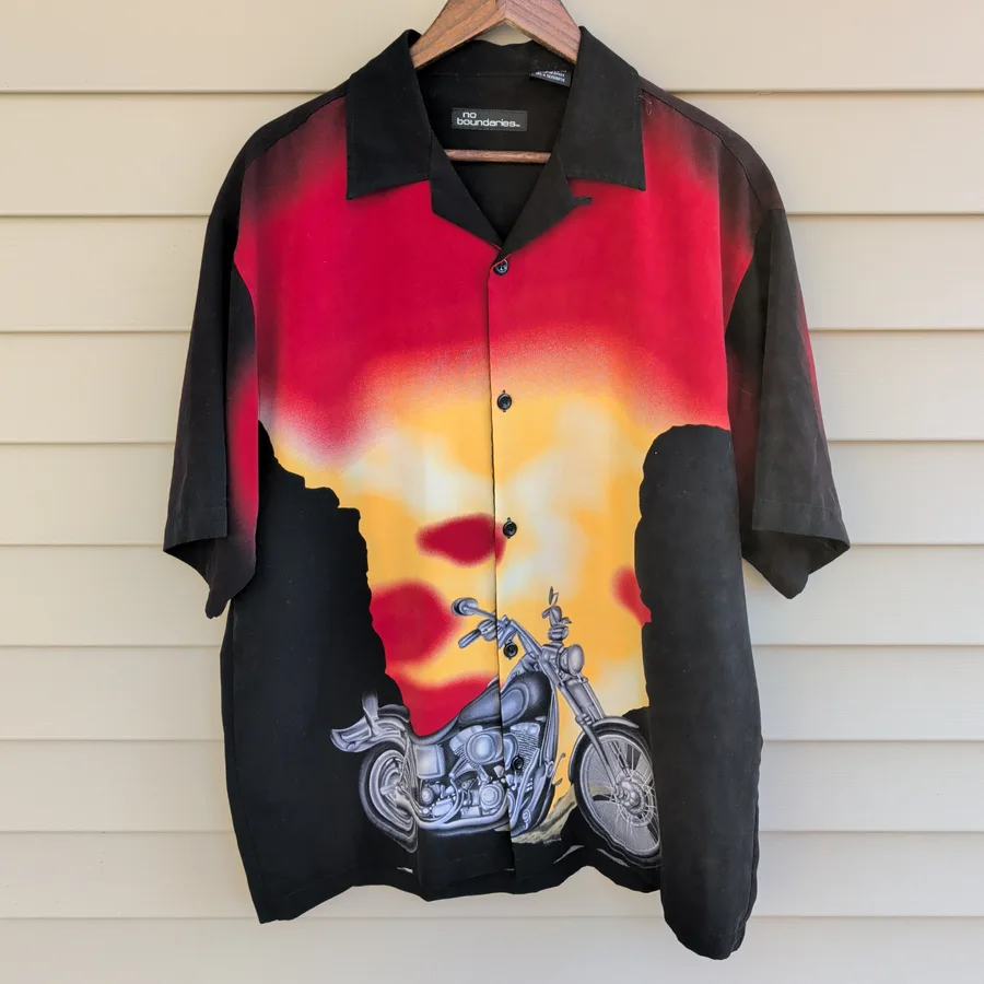 No Boundaries Motorcycle Camp Shirt Mens L Sunset Button Up Biker Graphic