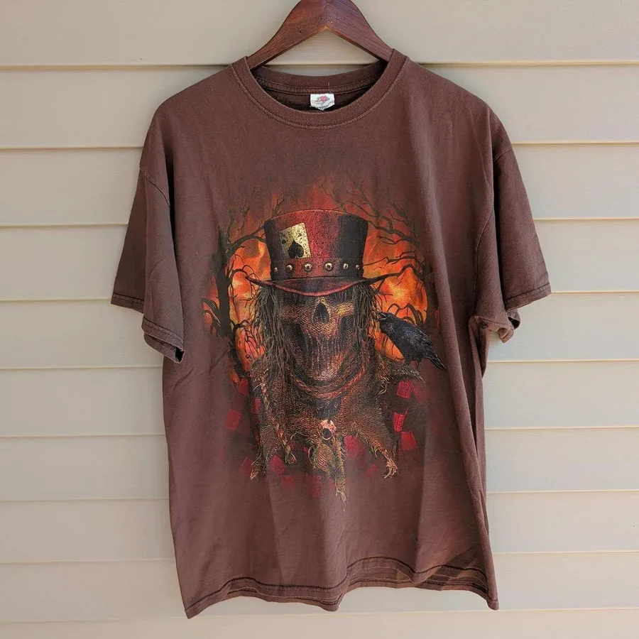 Fruit of the Loom Graphic Tee Mens XL Brown Steampunk Scarecrow Skeleton Crow