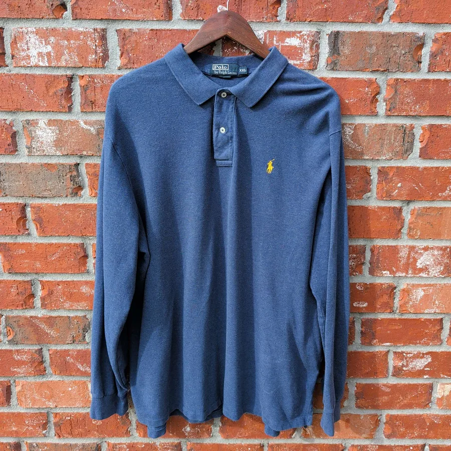 Polo Ralph Lauren Long Sleeve Rugby Shirt Mens XXL Blue Pique Cotton Pony Logo