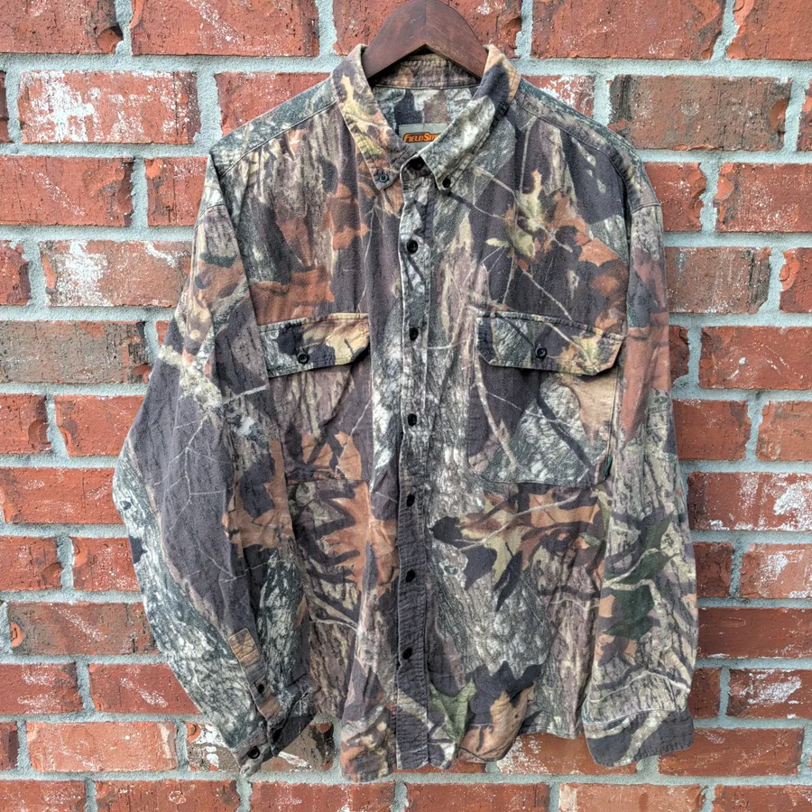 Field Staff Mossy Oak Camo Flannel Shirt Mens 2XL Brown Button Down Hunting