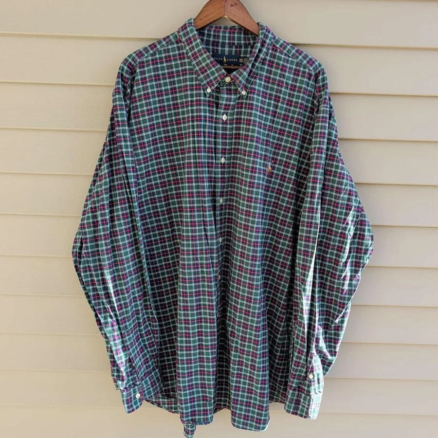 Ralph Lauren Plaid Button Down Mens 3XLT Green Tall Long Sleeve Cotton Shirt