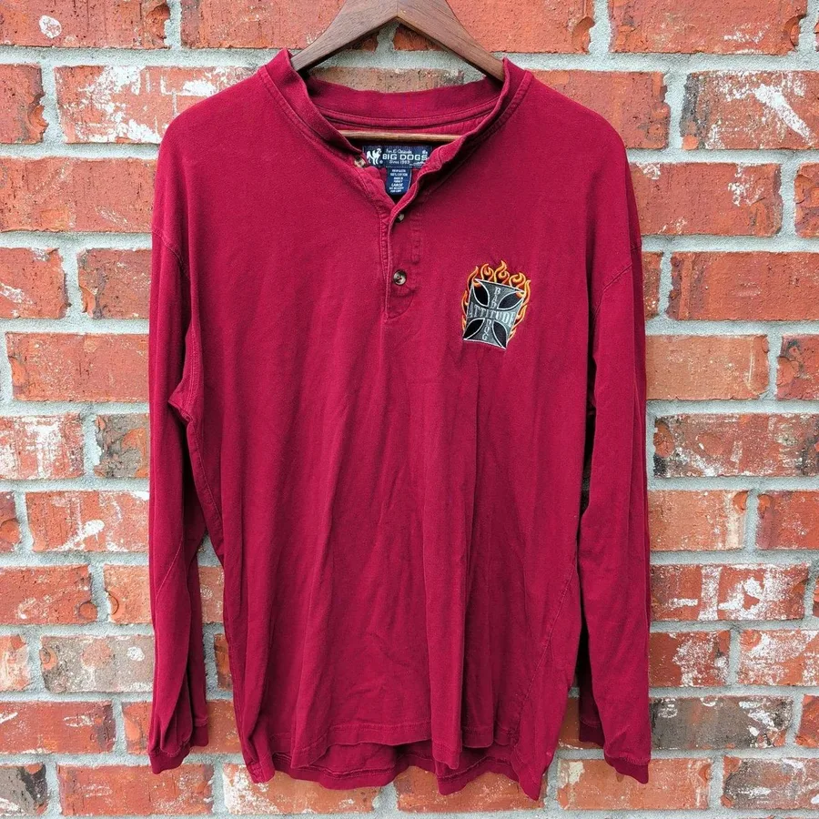 Big Dogs Henley Shirt Mens Large Red Bad Attitude Flame Cross Long Sleeve