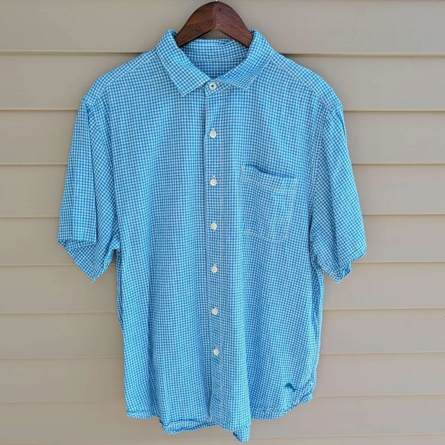 Tommy Bahama Shirt Mens Large Blue Gingham Linen Cotton Short Sleeve Button Down