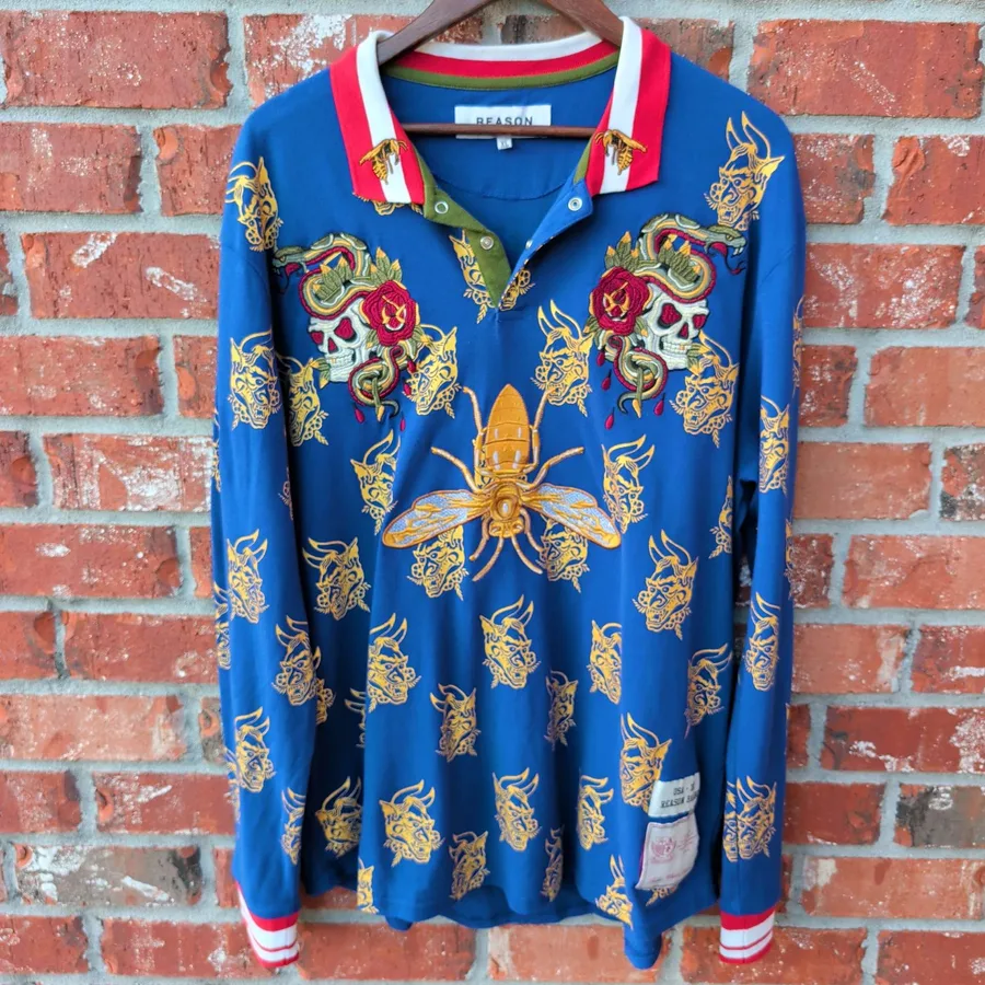 Reason Brand Long Sleeve Polo Mens XL Blue Embroidered Skull Wasp Dragon