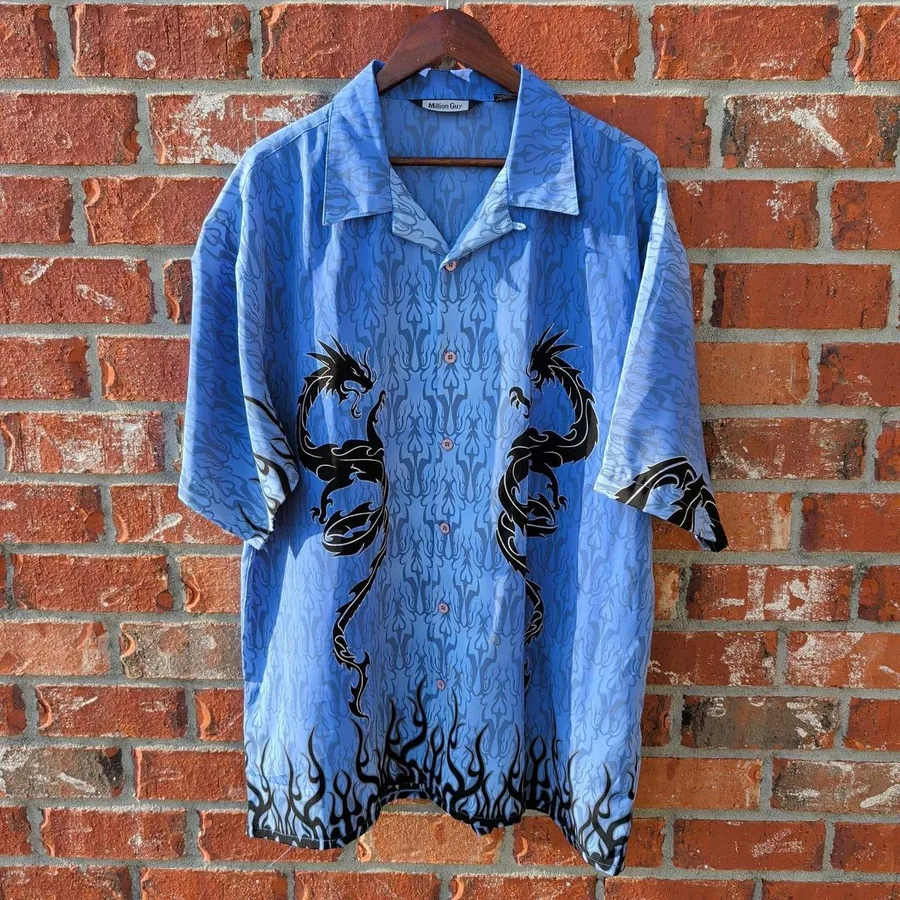 Million Guy Dragon Shirt Mens XL Blue Black Tribal Flame Y2K Button Down Korea