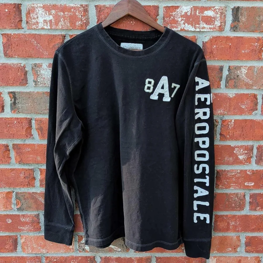 Aeropostale Long Sleeve Tee Women XL Black Graphic Sleeve Applique Y2K Cotton