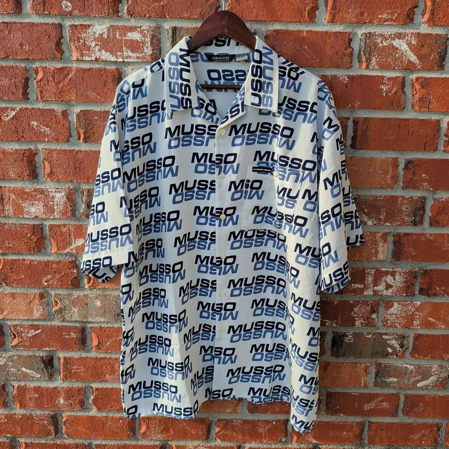 Musso Button Up Shirt Mens XL White Blue Logo Print Streetwear Short Sleeve