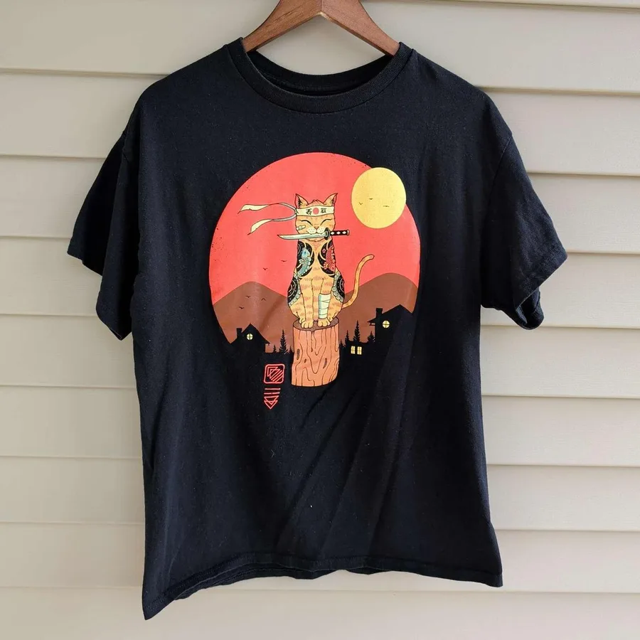 Threadless Samurai Cat T-Shirt Mens Large Black Vincent Trinidad Tattoo Graphic