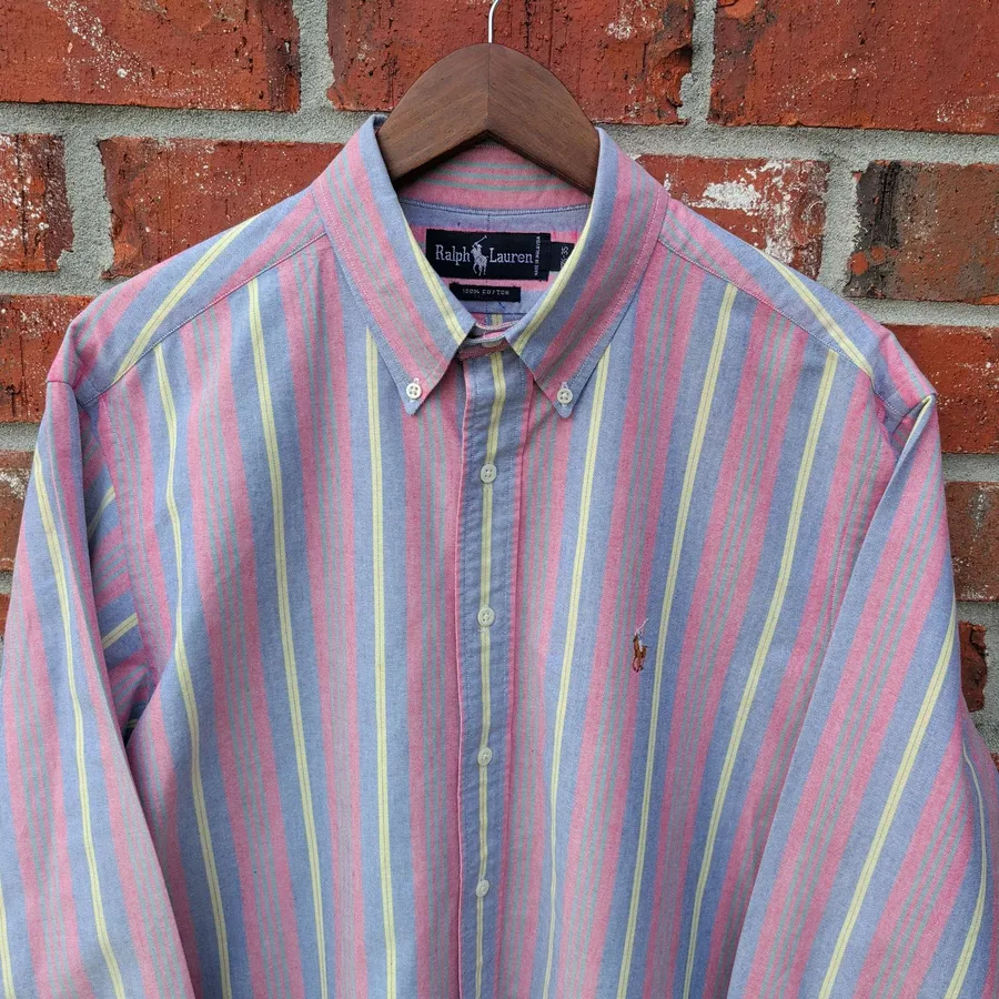 VTG 90s Ralph Lauren Oxford Shirt Mens 17.5 35 Blue Pink Striped Button Down