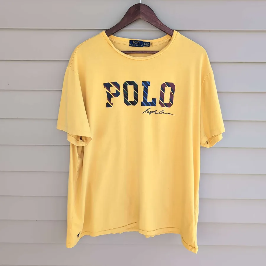 Polo Ralph Lauren T-Shirt Mens XXL Yellow Plaid Logo Graphic Tee