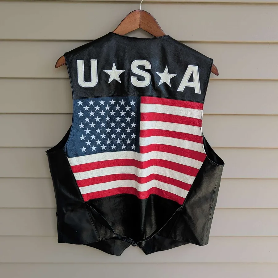 B.M.M. Leather Biker Vest Mens XL Black USA American Flag Graphic