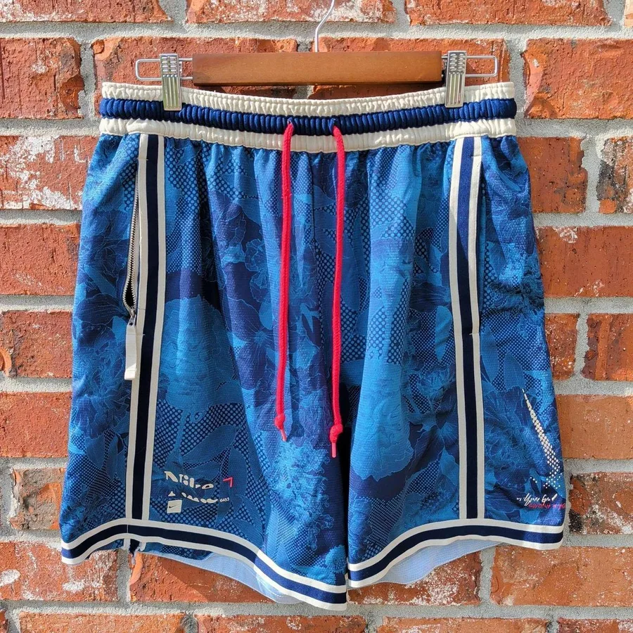 Y2K Nike Basketball Shorts Mens Large Blue Floral Graphic Mesh Zip Pocket