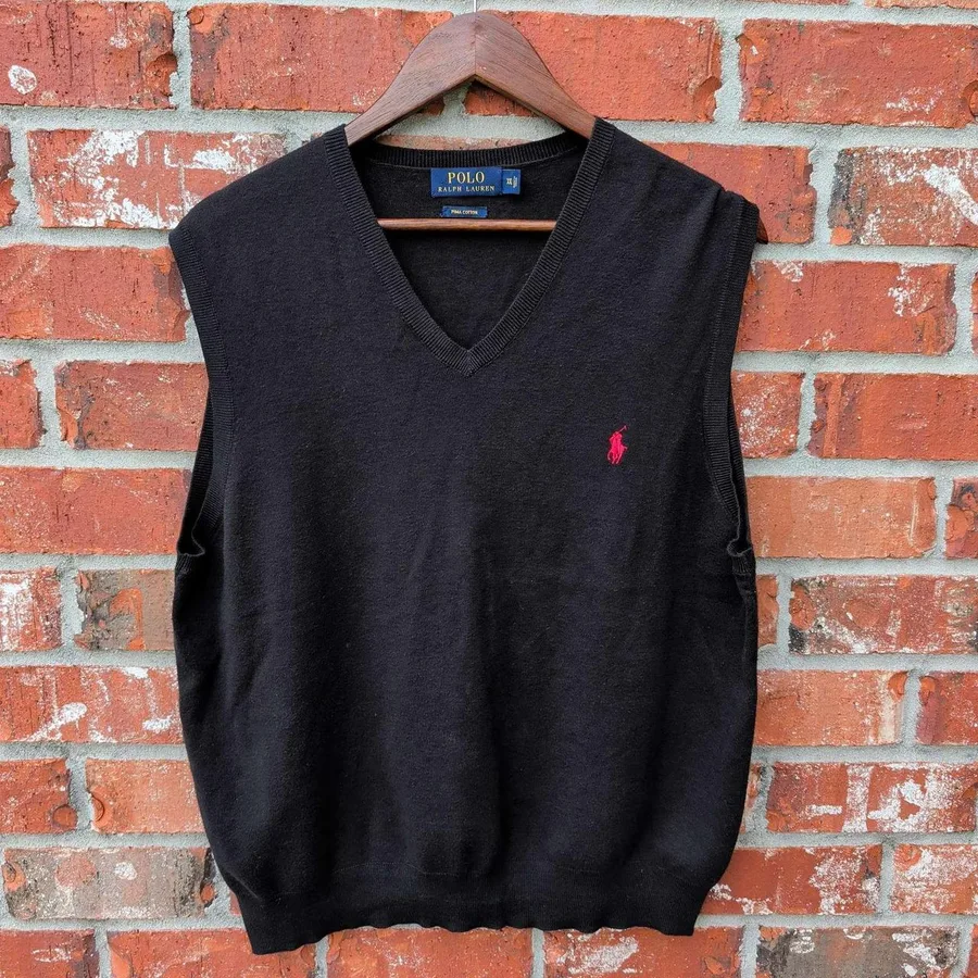 Polo Ralph Lauren Sweater Vest Mens XXL Black Pima Cotton V-Neck Red Pony Logo