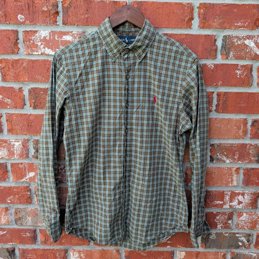 Ralph Lauren Button Down Shirt Mens S Green Brown Plaid Custom Fit Long Sleeve