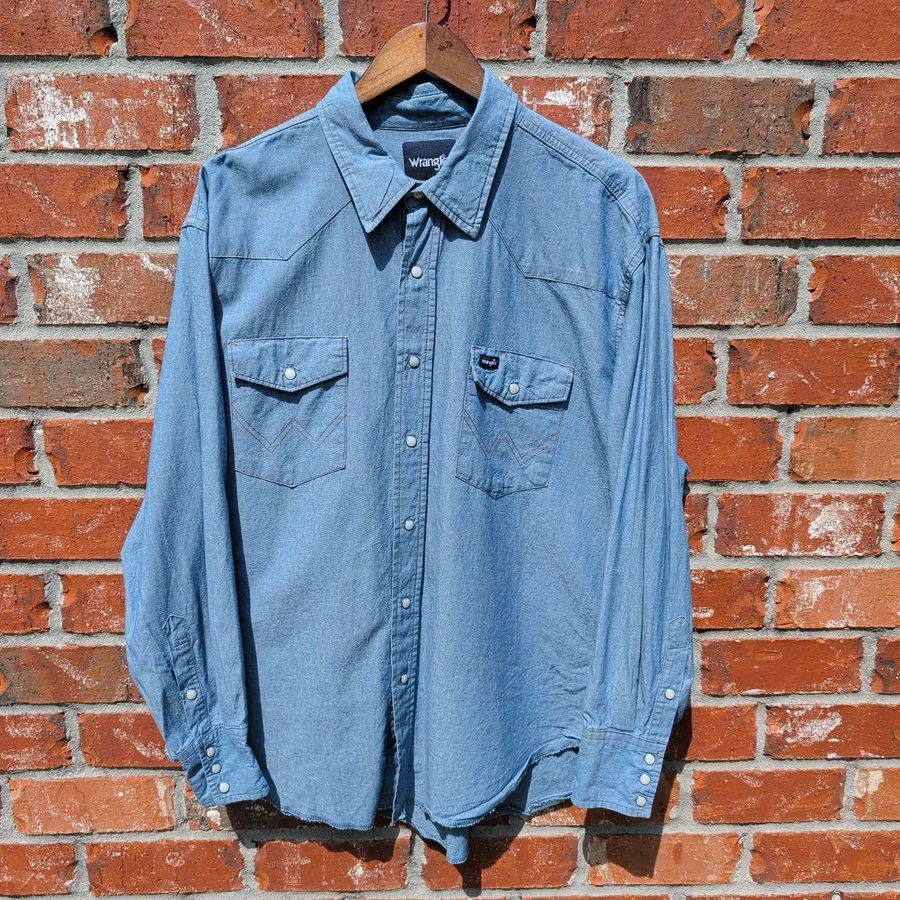 Wrangler Western Chambray Shirt Mens XXL Blue Snap Front Denim Pearl Snap