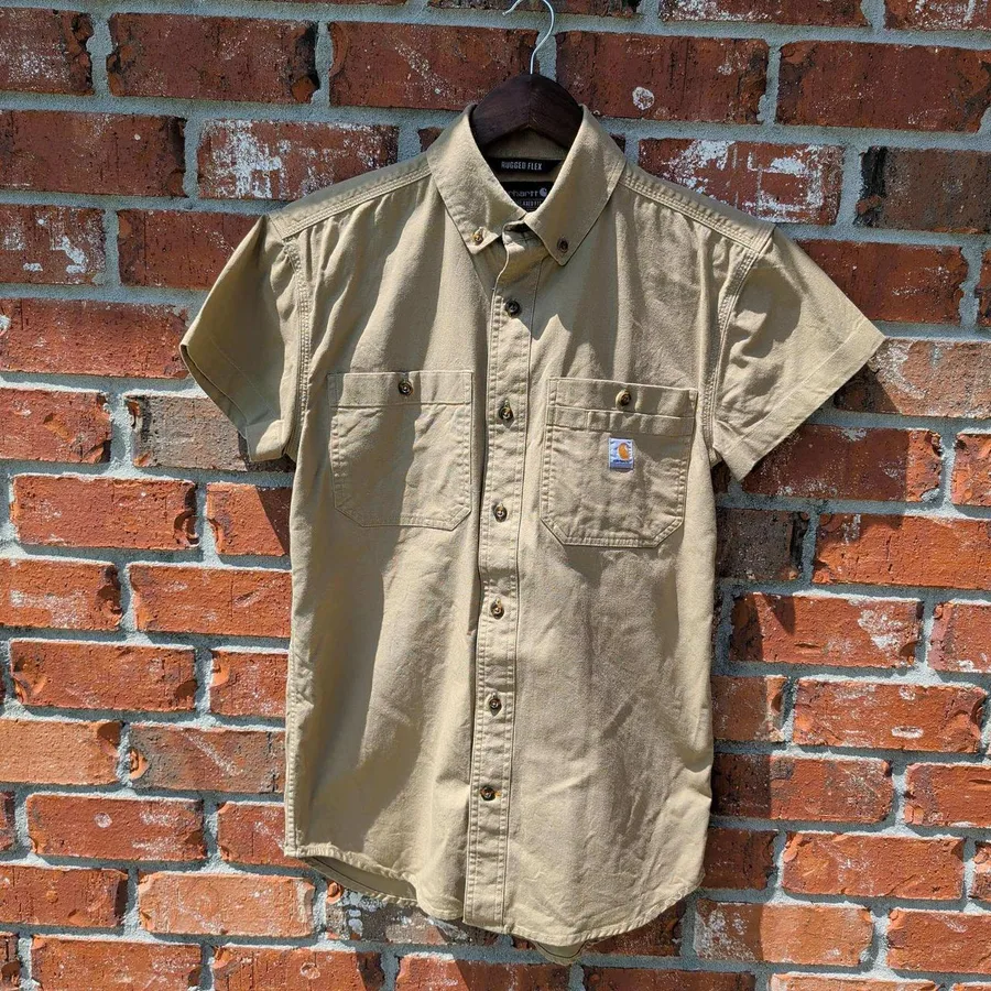 Carhartt Rugged Flex Shirt Mens Small Tan Khaki Short Sleeve Relaxed Fit
