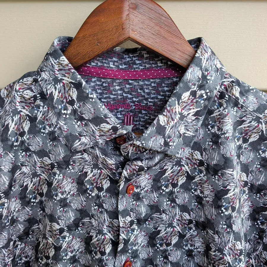 Luchiano Visconti Black Shirt Mens XLT Grey Skull Print Long Sleeve Button Up