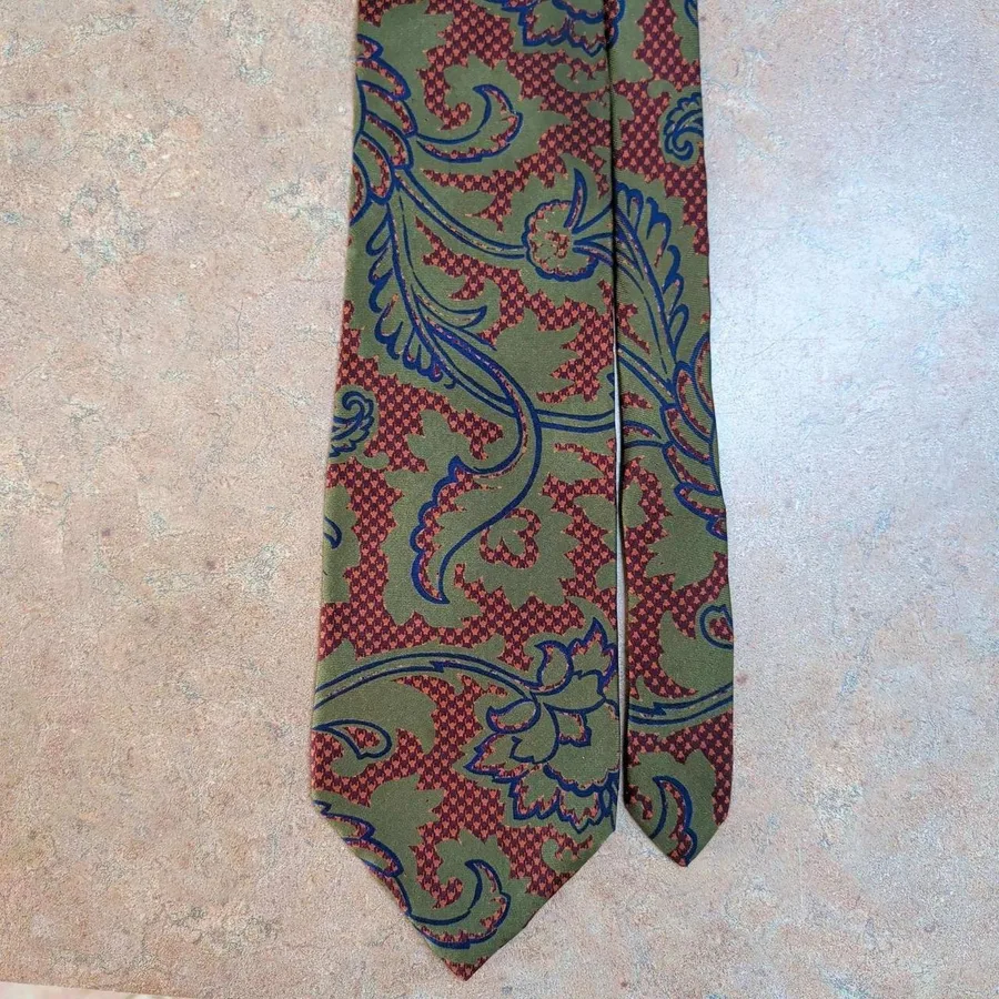 Vintage Chaps Ralph Lauren Necktie Mens Olive Green Paisley Houndstooth Silk Tie