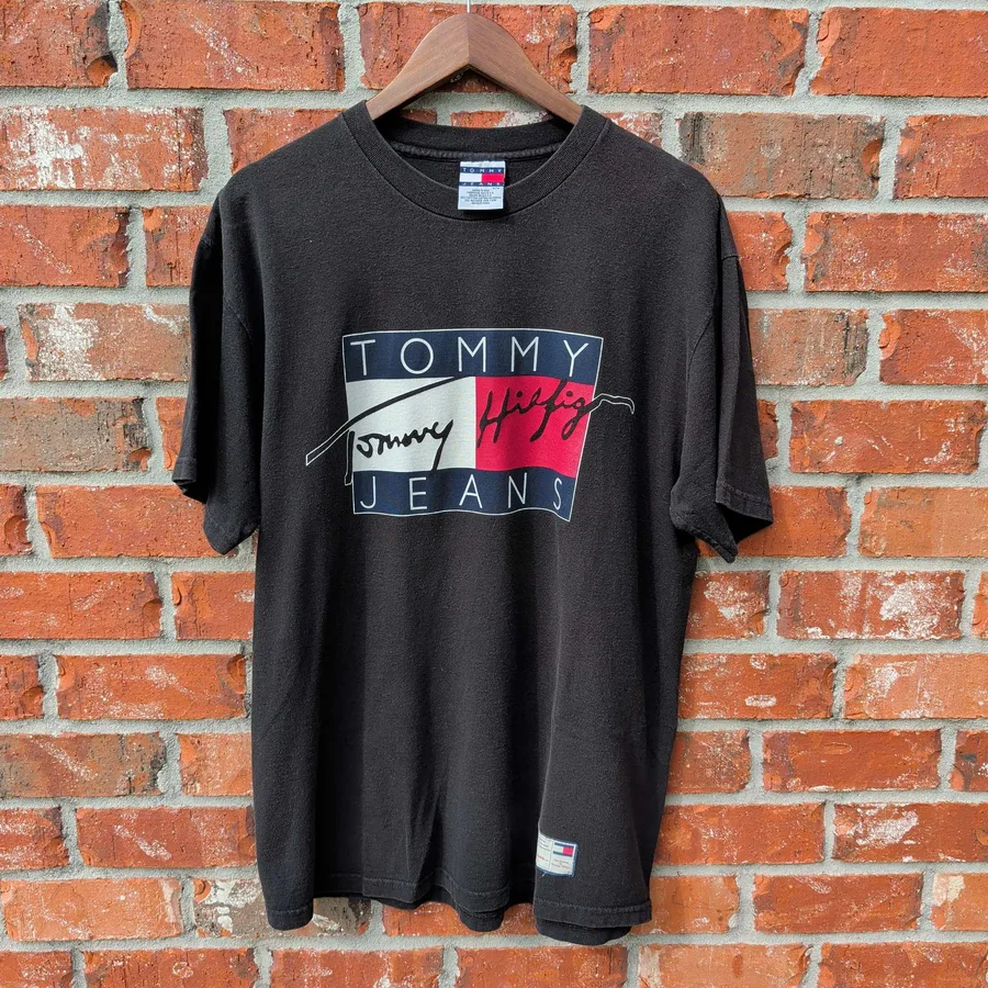 VTG 90s Tommy Hilfiger Jeans T-Shirt Mens M Black Big Flag Logo Made In USA