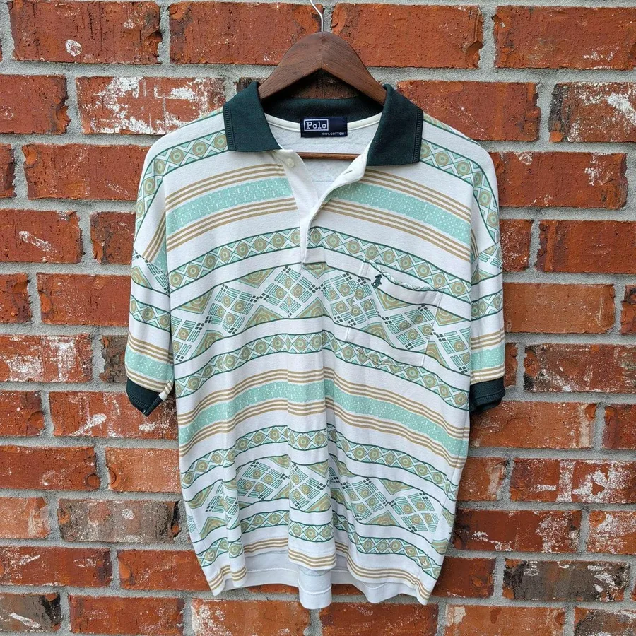 Polo Ralph Lauren Polo Shirt Mens L White Green Geometric Tribal Vintage 90s