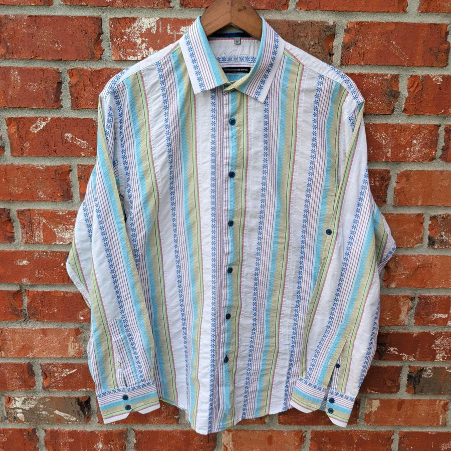 Visconti Uomo Striped Shirt Mens M Blue Green Long Sleeve Made In Italy