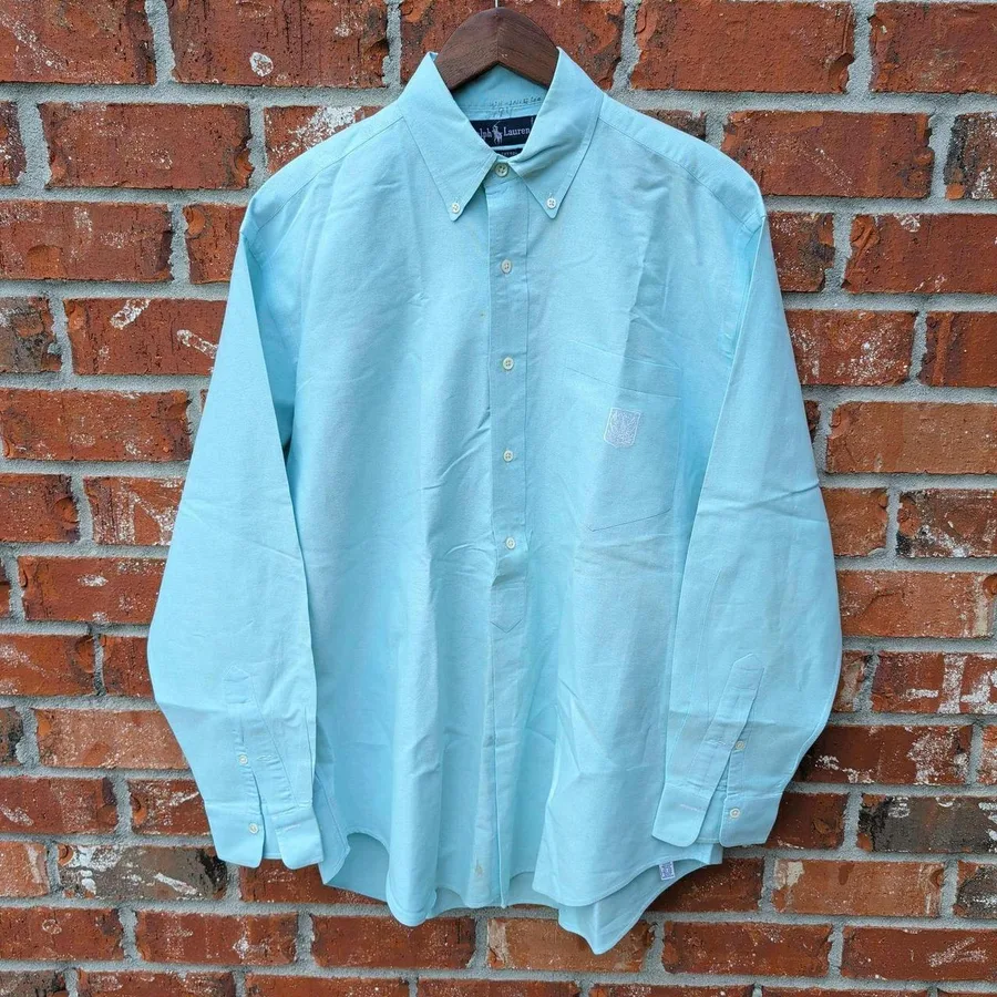 Ralph Lauren Button Down Shirt Mens M Turquoise Blue Oxford Crest Logo Vintage