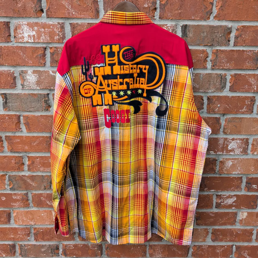 Coogi Western Plaid Shirt Mens XXXL Tangerine Multi Embroidered History