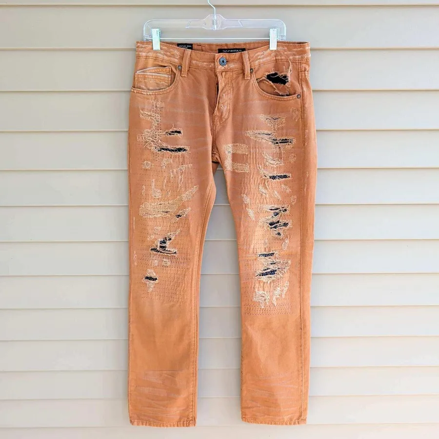 Cult of Individuality Rebel Straight Jeans Men 32x34 Orange Distressed Patchwork