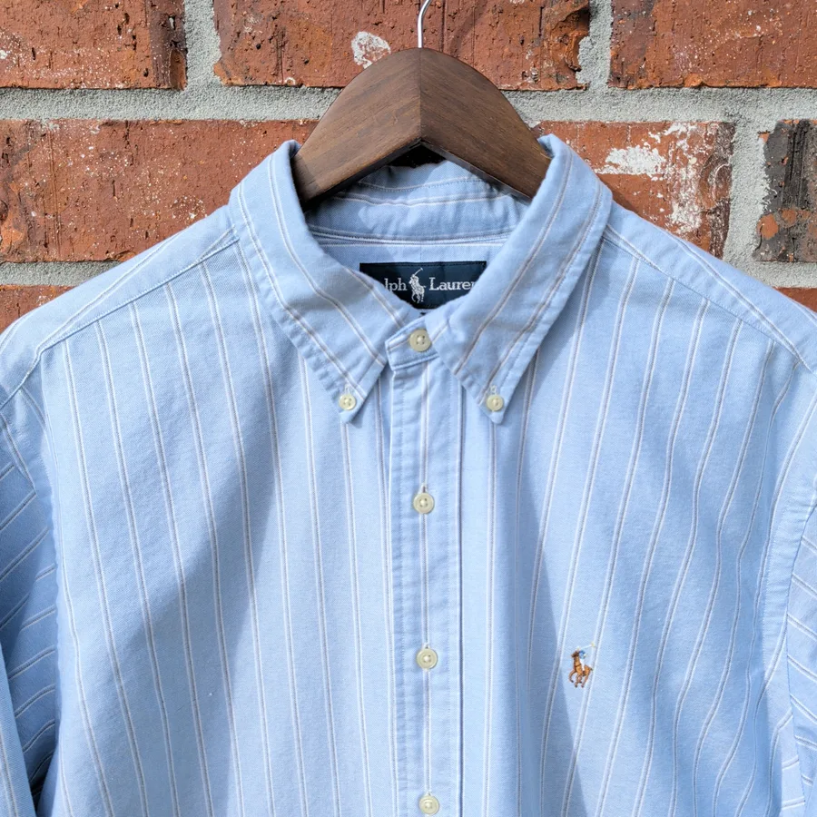 VTG 90s Ralph Lauren Classic Fit Oxford Shirt Mens L Blue Striped Button Down