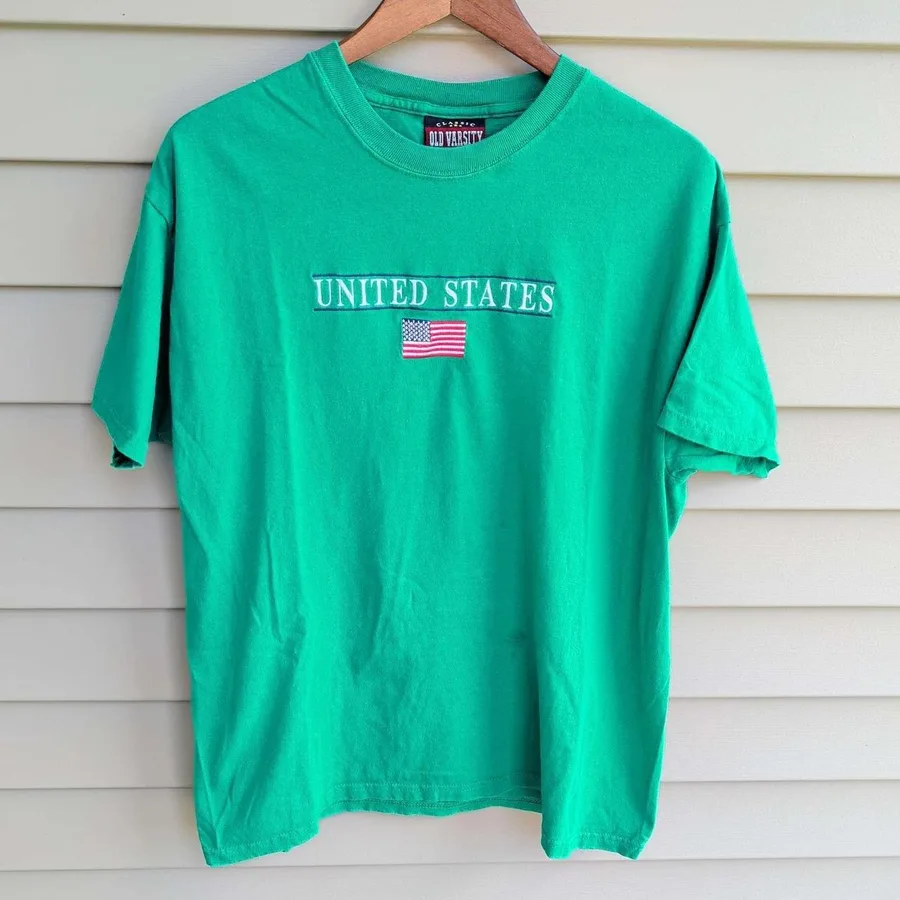 Old Varsity T-Shirt Mens Large Green United States Flag Embroidered Tee