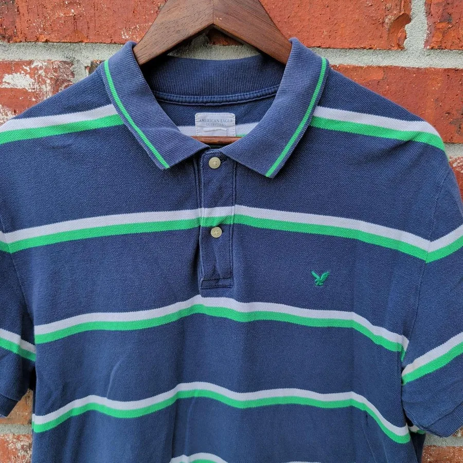 American Eagle Polo Shirt Mens Large Blue Green Striped Short Sleeve Pique Logo