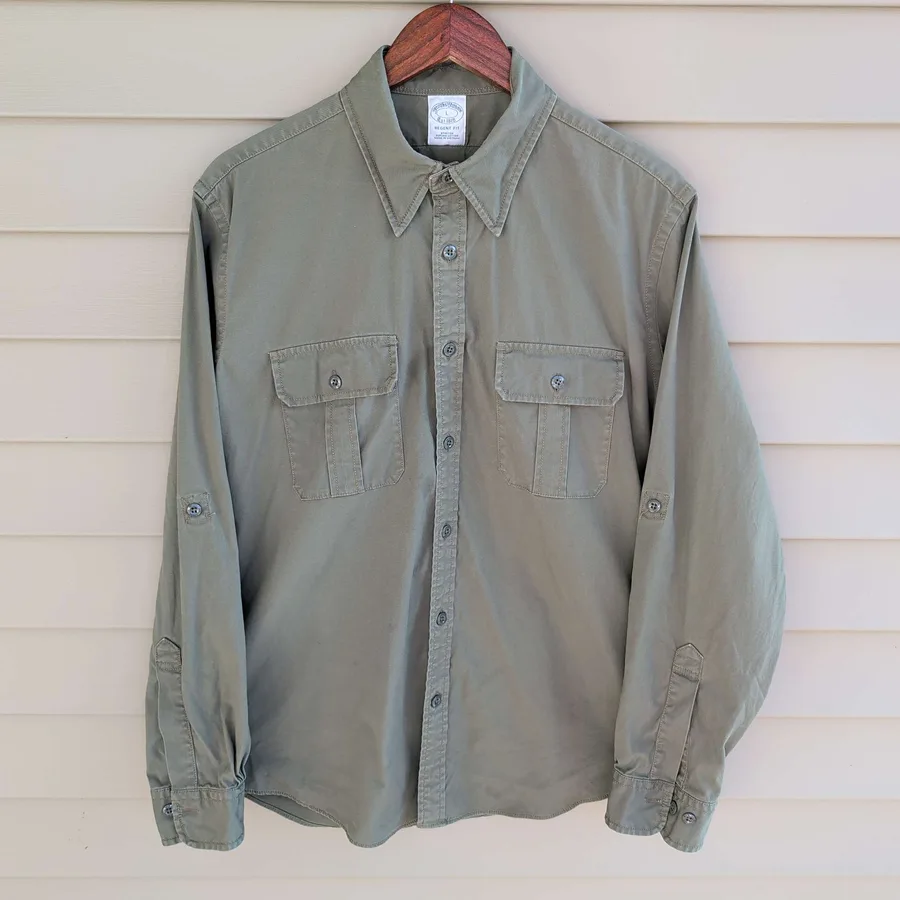 Brooks Brothers Regent Fit Shirt Mens L Olive Green Military Chest Pocket