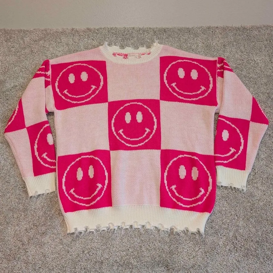 Altar'd State Smiley Face Sweater Womens XS Pink Checkered Distressed Knit