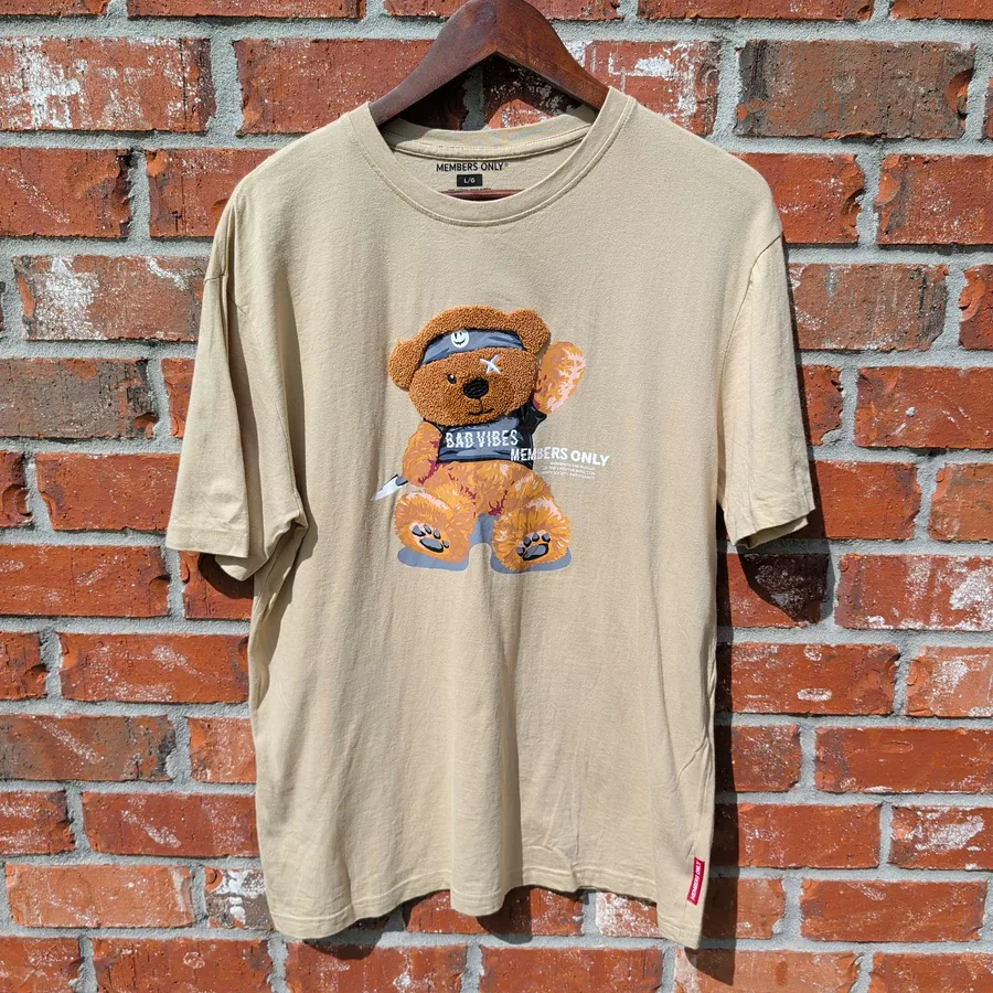 Members Only Bad Vibes Bear Graphic T-Shirt Mens L Tan Streetwear Tee