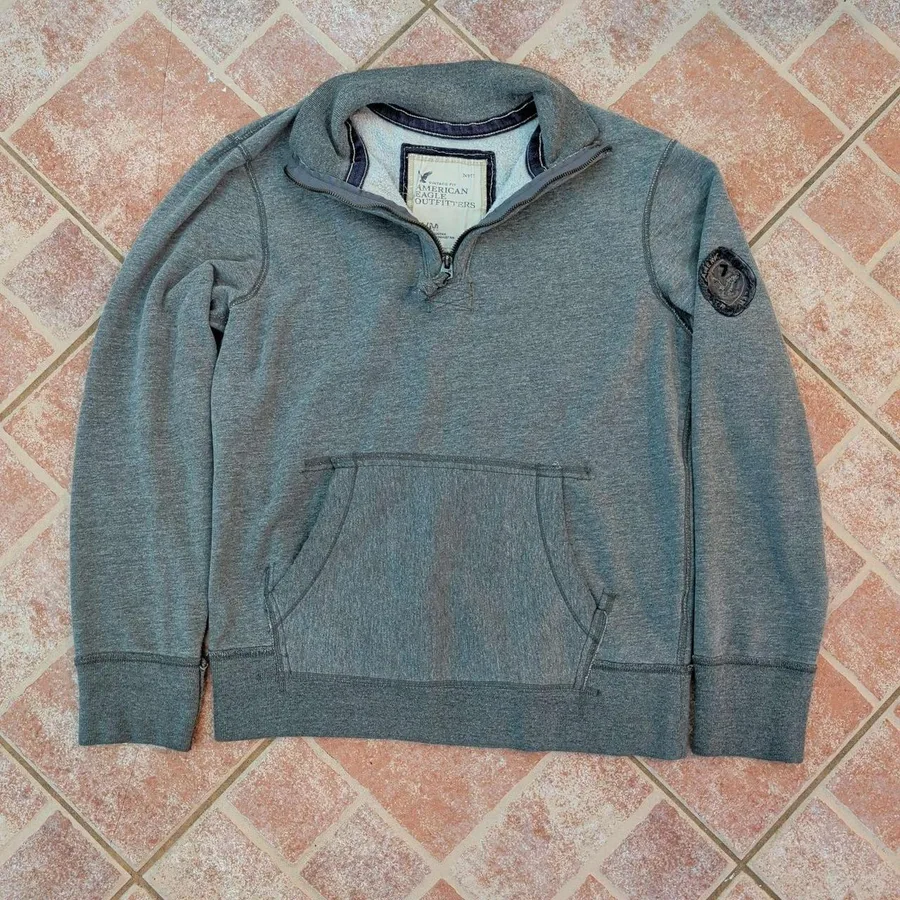 American Eagle Quarter Zip Sweatshirt Mens M Gray Vintage Fit Fleece Pullover