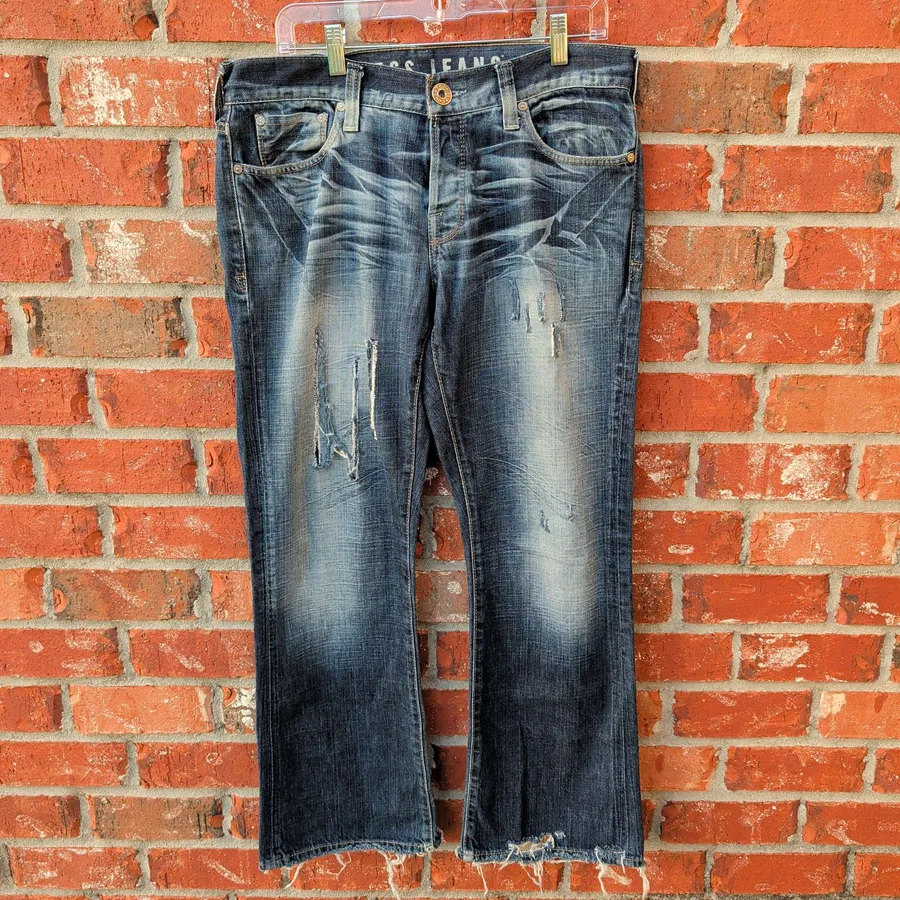 Guess Jeans Falcon Boot Cut Mens 33x30 Blue Distressed Whiskered Denim