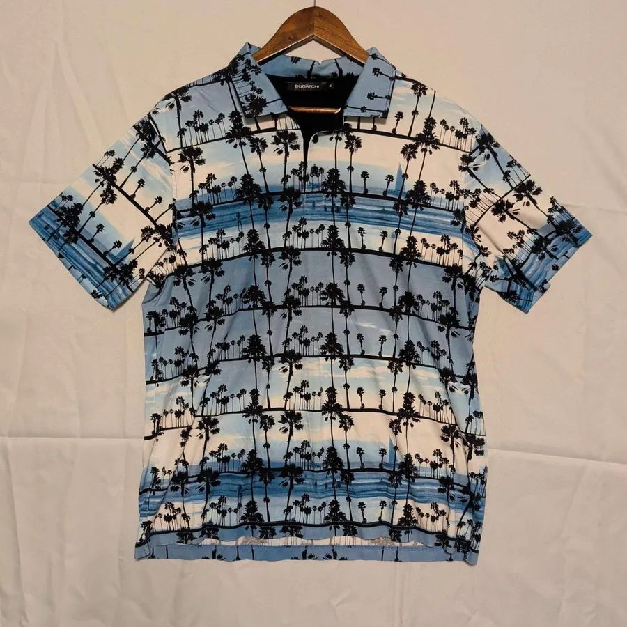 Bugatchi Polo Shirt Mens XL Blue Palm Tree Tropical Mercerized Cotton JF2530