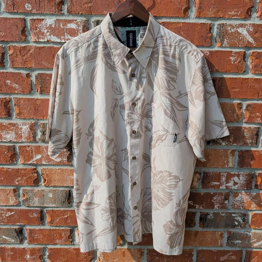 Billabong Button Down Shirt Mens Large Tan Floral Aloha Fit Bamboo Blend