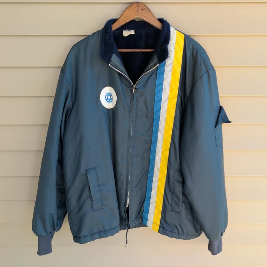 Vintage 70s Bell System Racing Stripe Jacket Mens Blue Nylon Sherpa Lined Zip