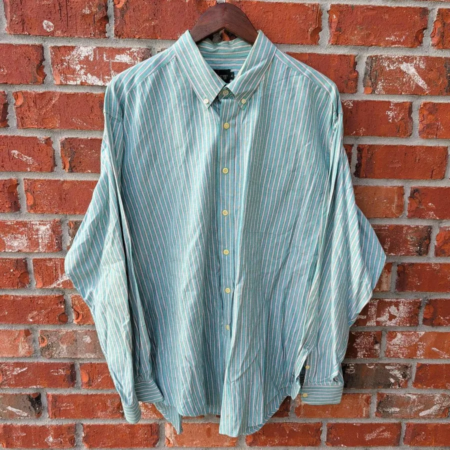 VTG J.Crew Button Down Shirt Mens XL Teal Striped Long Sleeve Cotton Pocket