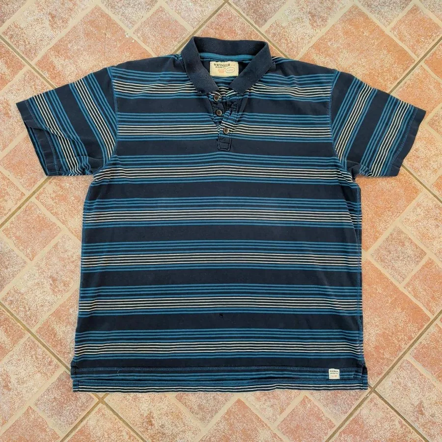 Wrangler Polo Shirt Mens XL Blue Striped Short Sleeve Cotton Collared Casual