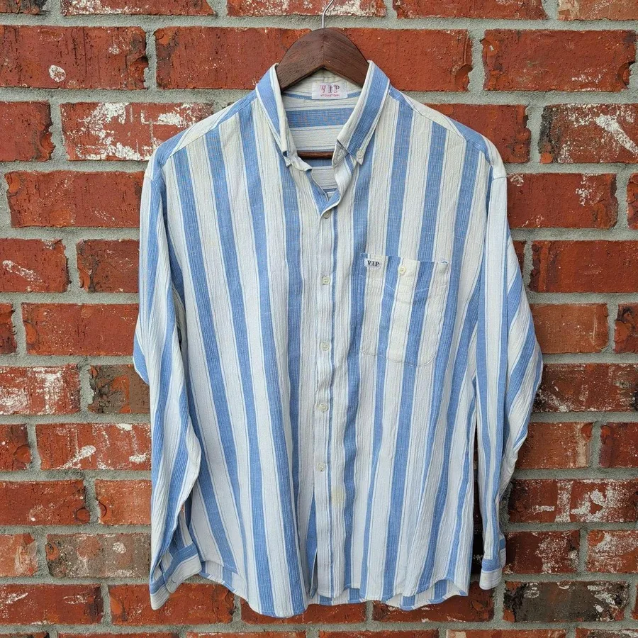 VIP International Button Down Shirt Mens Blue White Striped Vintage 90s Coastal