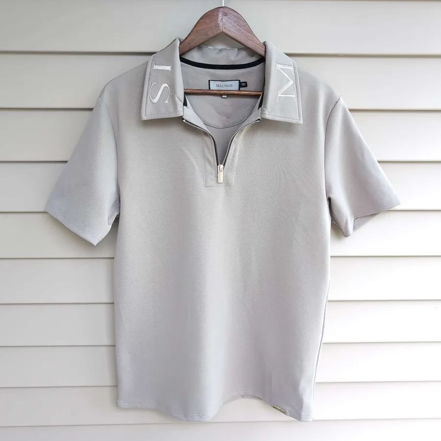 Mauvais Zip Polo Shirt Mens M Gray Embroidered Collar Logo Short Sleeve